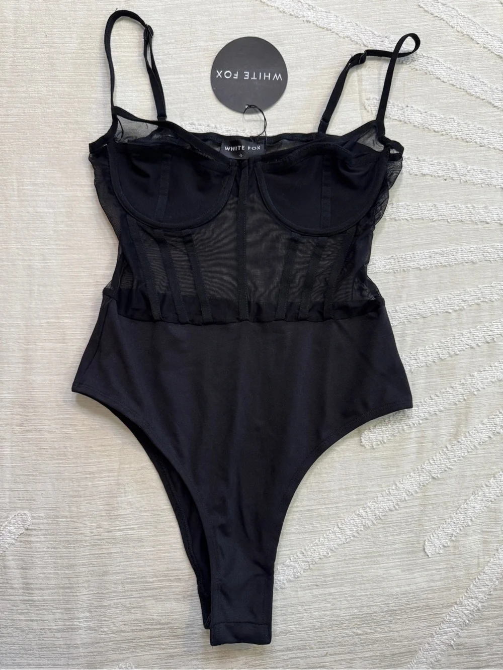 White Fox Boutique Black Mesh Corset Bustier Bodysuit Women’s Small NWT